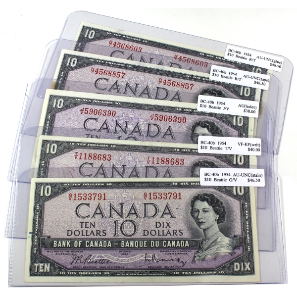 Group Lot of 5x BC-40b 1954 $10 VF-EF to AU-UNC Beattie-Rasminsky. 5pcs.