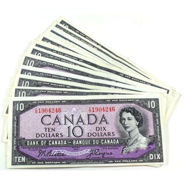 Bulk Lot of 1954 $10 Banknotes. 18pcs.