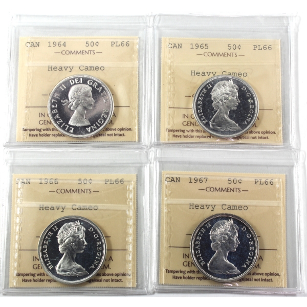 50-cent 1964, 1965, 1966, & 1967 ICCS PL66 Heavy Cameo. 4pcs.