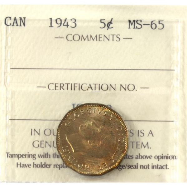 5-cent 1943 Tombac ICCS MS65