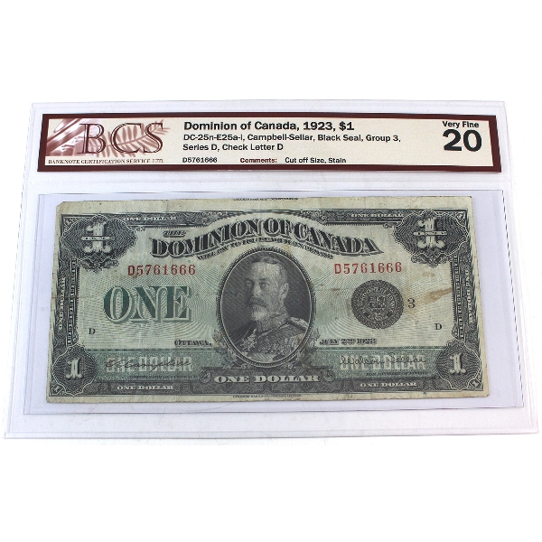 ERROR DC-25n-E25a-i 1923 $1 BCS VF20 Campbell-Sellar Cut Off Size SN:D5761666