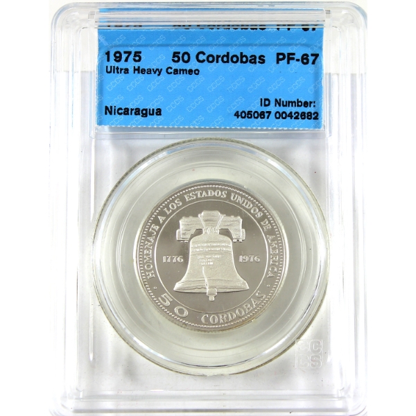 Nicaragua Silver 1975 50 Cordobas CCCS PF67 Ultra Heavy Cameo