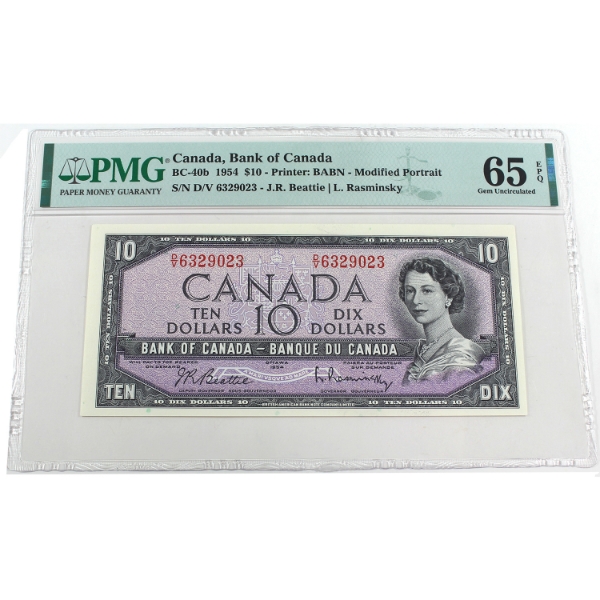 BC-40b 1954 $10  PMG GEM UNC65 EPQ Beattie-Rasminsky SN:D/V6329023