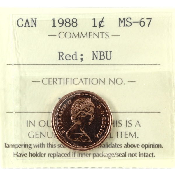1-cent 1988 ICCS MS67 Red, NBU