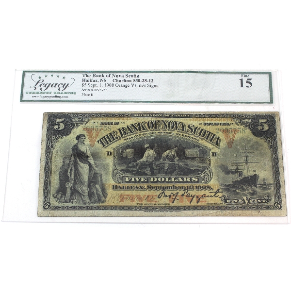 550-28-12 1908 $5 Bank of Nova Scotia Legacy F15 Various-Payzant Orange Tint V's *SCARCE*
