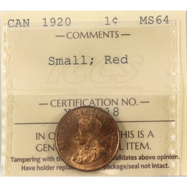 1-cent 1920 Small ICCS MS64 Red