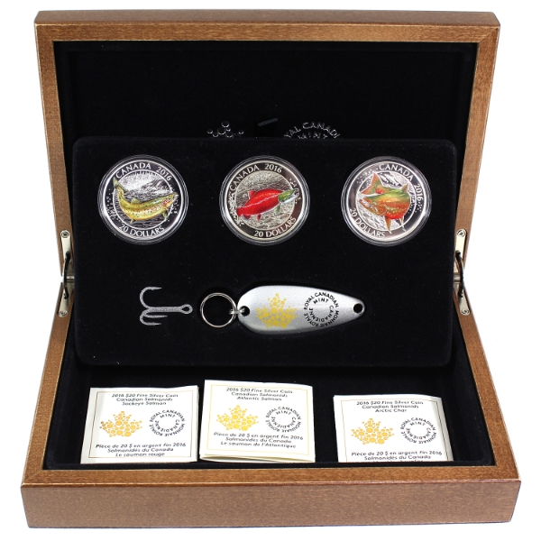 2016 $20 Canadian Salmonoids 3-Coin Set w/ Fishing Lure in Deluxe Wooden Box (Tax Exempt)
