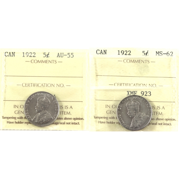5-cent 1922 Near S & Far S ICCS MS62. 2pcs