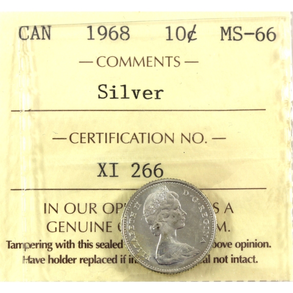 10-cent 1968 Silver ICCS MS66