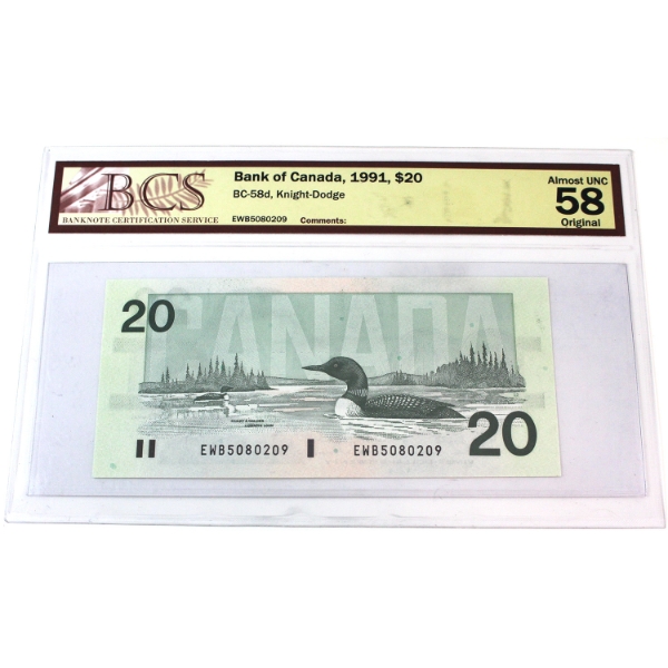 BC-58d 1991 $20 BCS AU58 Original Knight-Dodge SN: EWB5080209