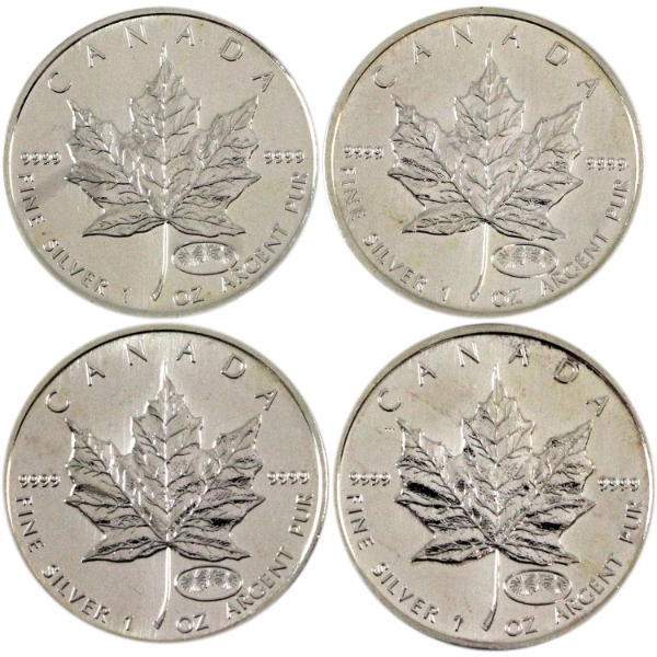 4x 1oz 1999-2000 Fireworks Privy 1oz Fine Silver Maple Leaf Rounds. 4pcs. (Tax Exempt) 