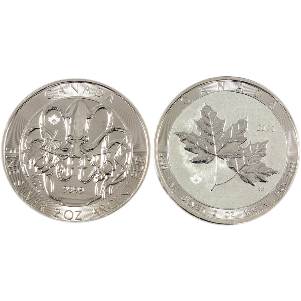 2x 2oz $10 2020 Kraken & Twin Maple .9999 Fine Silver. 2pcs (Tax Exempt)