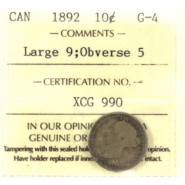 10-cent 1892 Large 9, Obverse 5 ICCS G4