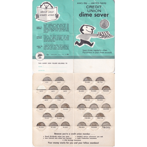 Credit Union 'Dime Saver' Collector Folder filled w/ 1940-1965 10-cent Pieces
