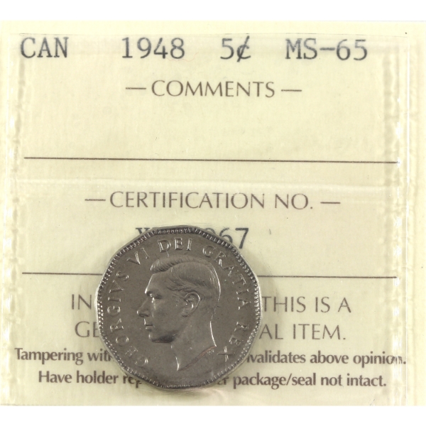 5-cent 1948 ICCS MS65