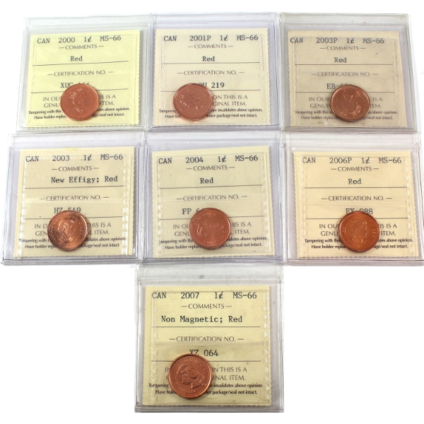 1-cent 2000-2007 ICCS MS66 Red. 7pcs.