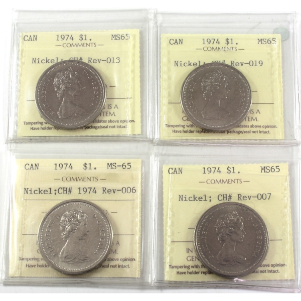 4x Nickel $1 1974 Dbl Yoke Varieties ICCS MS65. 4pcs.