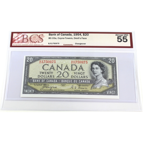 BC-33a 1954 $20 Devil's Face BCS AU55 Coyne-Towers Changeover SN: B/E1750975