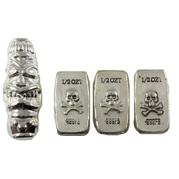 2.5oz Lot Total! RSSC 1oz Tiki Mask & 3x 1/2oz Skull & Crossbones .999 Fine Silver Bars. 4pcs.