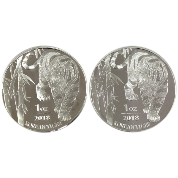 2x 1oz South Korea 2018 Korean Tiger .999 Fine Silver Rounds. 2pcs. (Tax Exempt)
