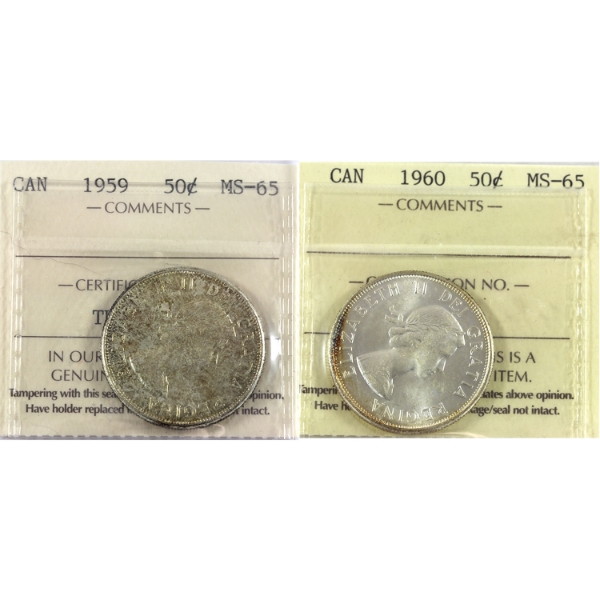 50-cent 1959 & 1960 ICCS MS65. 2pcs.