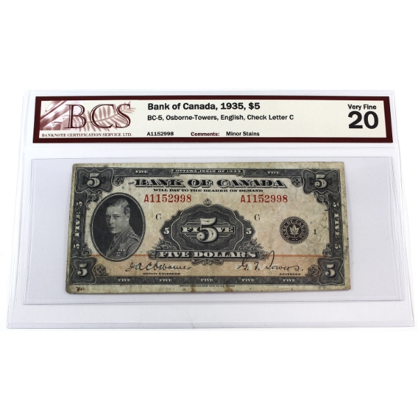 BC-5 1935 $5 English BCS VF20 Osborne-Towers SN: A1152998 Check Letter C
