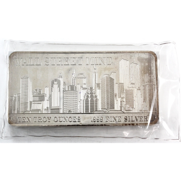 10oz Wall Street Mint .999 Fine Silver Bar in Sealed Plastic (Tax Exempt)