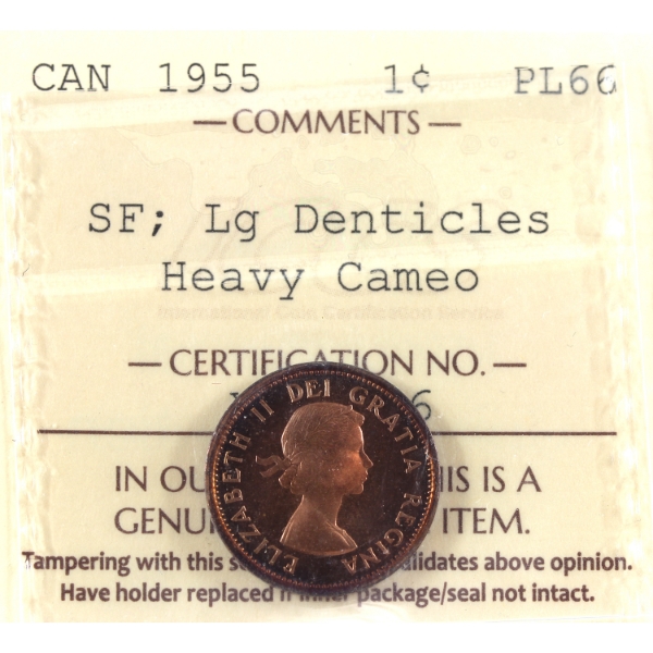 1-cent 1955 SF, Large Denticles ICCS PL66 Heavy Cameo