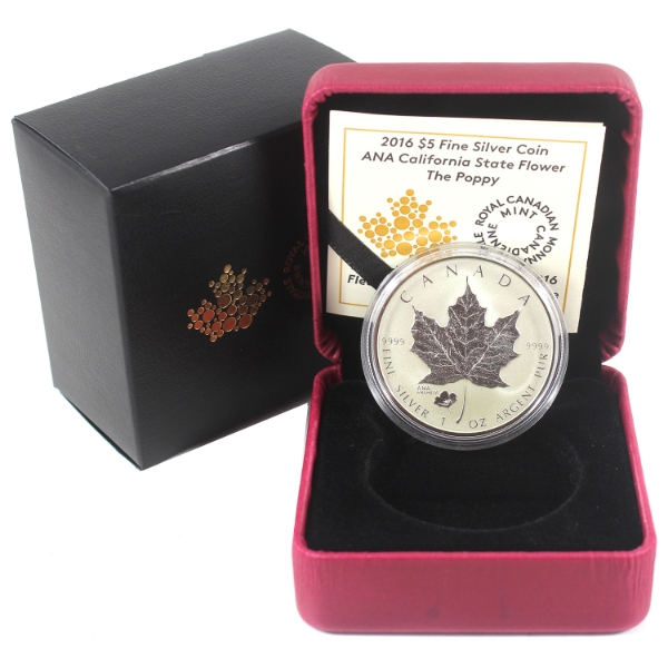 2016 $5 SML w/ Poppy- California State Flower Privy Mark 1oz .9999 Fine Silver Coin (Tax Exempt)