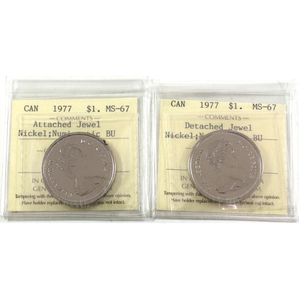 2x Nickel $1 1977 Attached Jewel & Detached Jewel ICCS MS67 NBU. 2pcs.