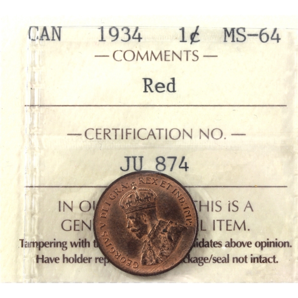 1-cent 1934 ICCS MS64 Red
