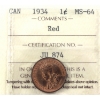 Image 1 : 1-cent 1934 ICCS MS64 Red