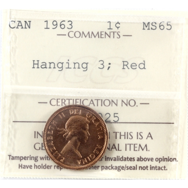 1-cent 1963 Hanging 3 ICCS MS65 Red