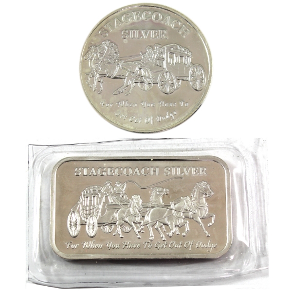 2x 1oz Stagecoach Silver Vintage .999 Silver Divisible Bar & Round. 2pcs. (Tax Exempt)