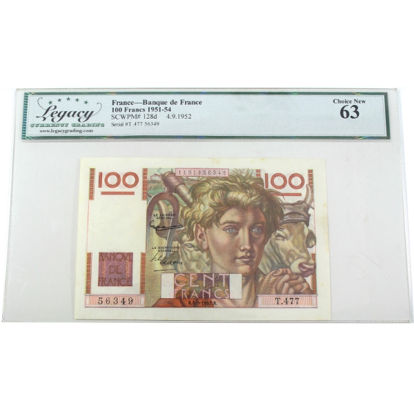 France 1952 Pick-128d Banque de France 100 Francs Legacy CUNC63 SN: T .477 56349