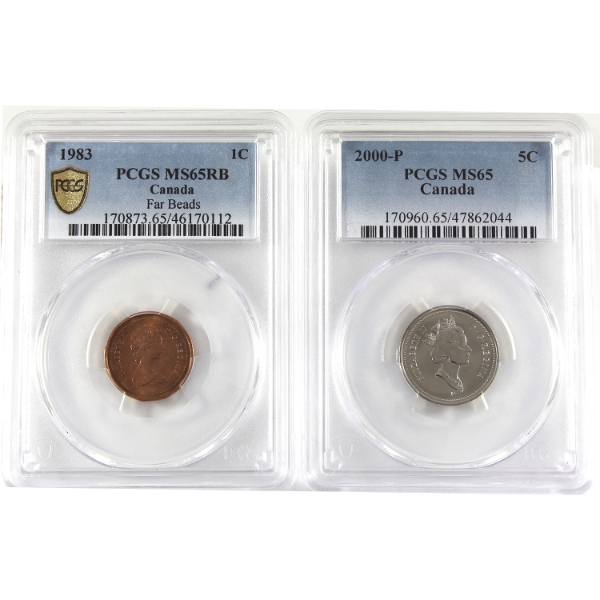 1-cent 1983 Far Beads Red & Brown, & 5-cent 2000P PCGS MS65. 2pcs.