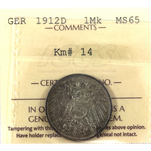 Germany-Empire Silver 1912D Mark ICCS MS65