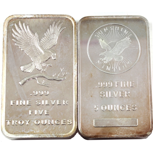 5oz Sunshine Mint & SilverTowne Mint .999 Fine Silver Bars. 2pcs. (Tax Exempt)