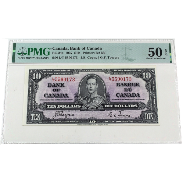 BC-24c 1937 $10 PMG AU50 EPQ Coyne-Towers SN: L/T5590173