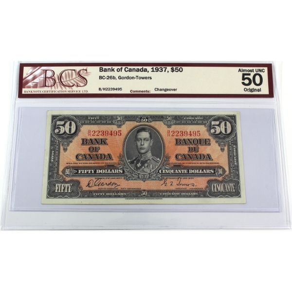 BC-26b 1937 $50 BCS AU50 Gordon-Towers, Changeover SN: B/H2239495