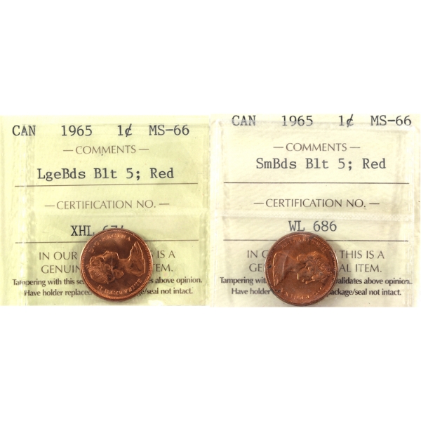 1-cent 1965 LB B5 & SB B5 ICCS MS66 Red. 2pcs