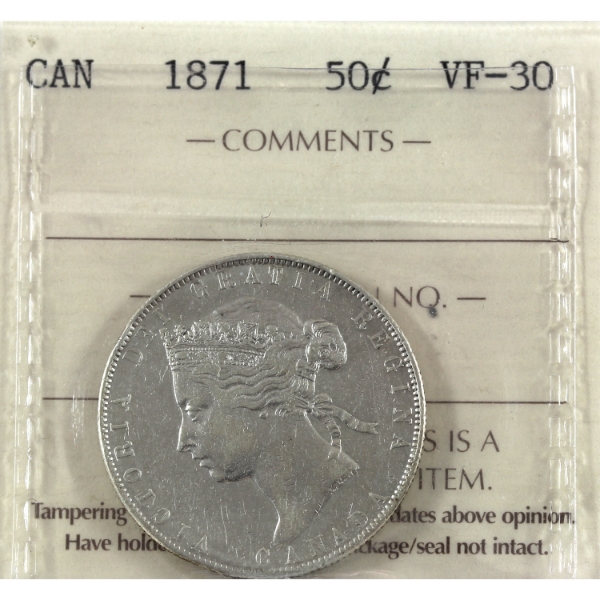 50-cent 1871 ICCS VF30 (Lightly Cleaned)