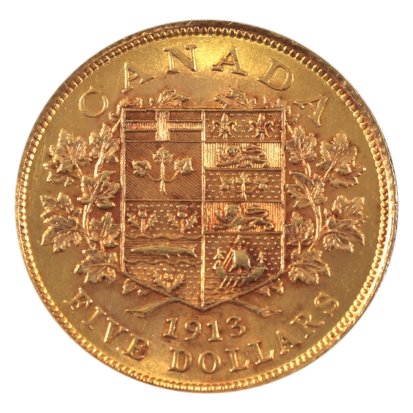 8.36g Canada 1913 $5 .900 Fine Gold Coin AU-UNC