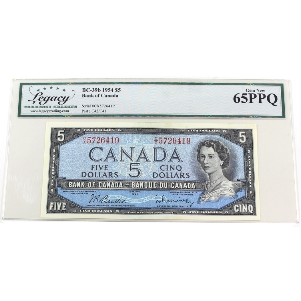 BC-39b 1954 $5 Legacy GEM UNC65 PPQ Beattie-Rasminsky SN: C/X5726419