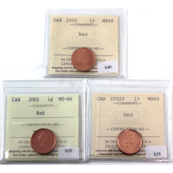1-cent 2000, 2001 & 2002P ICCS MS66 Red. 3pcs