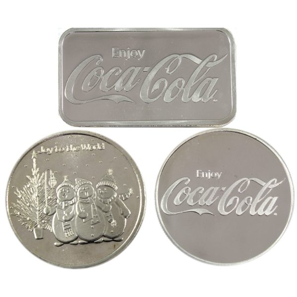 3x 1oz Coca-Cola & Holiday Themed .999 Fine Silver Bar & Rounds. 3pcs (Tax Exempt)