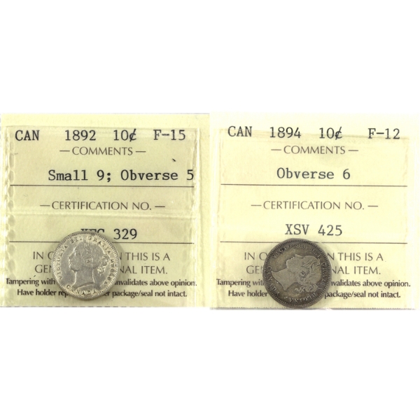 10-cent 1892 Small 9, Obverse 5 F15 & 1894 Obverse 6 F12 ICCS. 2pcs.
