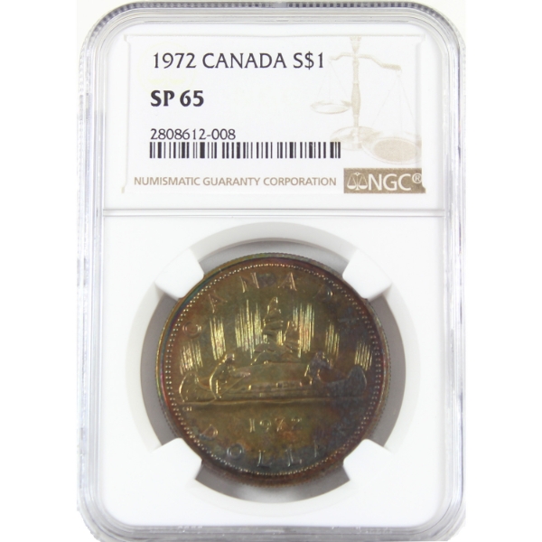 Silver $1 1972 Voyageur NGC SP65 w/ Deep Golden & Subtle Rainbow toning on Reverse