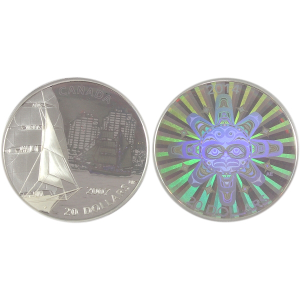 2007 & 2014 $20 1oz .9999 Fine Silver Coins w/ Selective Holographic Elements. 2pcs. (Tax Exempt)