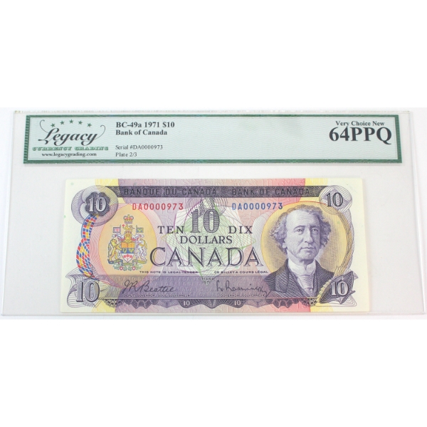 BC49a-N5-iv 1971 $10 Low Serial # DA0000973 Legacy CUNC64 PPQ Beattie-Rasminsky